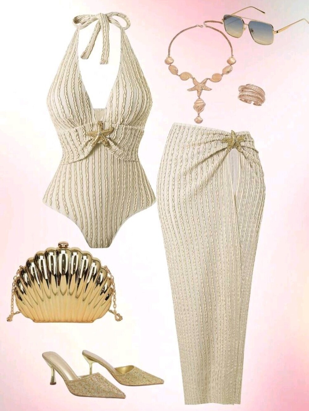 Apricot Cream Knit Halter Jumpsuit & Skirt Set PLUS SIZES